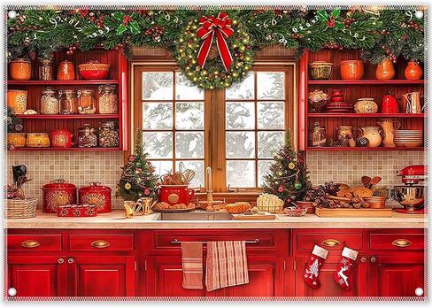 ZTHMOE Fabric 7x5ft Christmas Kitchen Photography Backdrop Cabinets Window Winter Snow Scene Background Xmas Family Party Decoration New Year Photo Banner Props in Saudi Arabia