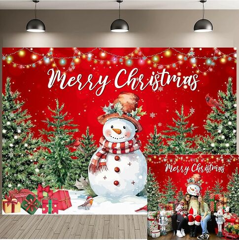 Red Christmas Backdrop Winter Snowman Xmas Gift Christmas Tree Birthday Background Children Adult Merry Christmas Family Holiday Party Decoration Supplies 7x5FT in Saudi Arabia