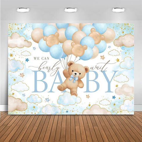 Mocsicka Bear Baby Shower Backdrop We can Bearly Wait for Boys Baby Shower Party Decorations Balloons Stars Clouds Gold Photography Background (Pink, 7x5ft(82"x60")) in Saudi Arabia