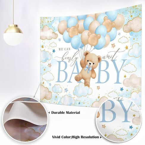 Mocsicka Bear Baby Shower Backdrop We can Bearly Wait for Boys Baby Shower Party Decorations Balloons Stars Clouds Gold Photography Background (Pink, 7x5ft(82"x60")) in Saudi Arabia