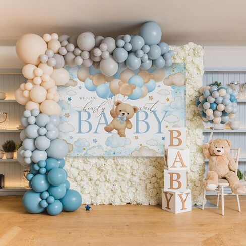 Mocsicka Bear Baby Shower Backdrop We can Bearly Wait for Boys Baby Shower Party Decorations Balloons Stars Clouds Gold Photography Background (Pink, 7x5ft(82"x60")) in Saudi Arabia