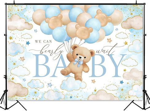 Mocsicka Bear Baby Shower Backdrop We can Bearly Wait for Boys Baby Shower Party Decorations Balloons Stars Clouds Gold Photography Background (Pink, 7x5ft(82"x60")) in Saudi Arabia