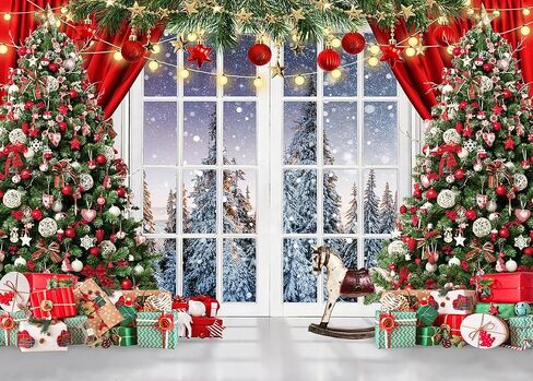 LYCGS 7X5ft Christmas Backdrop Christmas Window Backdrop for Photography Red Merry Christmas Photo Background Winter Xmas Tree Christmas Party Banner X-325 in Saudi Arabia