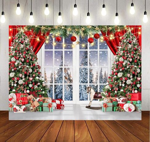 LYCGS 7X5ft Christmas Backdrop Christmas Window Backdrop for Photography Red Merry Christmas Photo Background Winter Xmas Tree Christmas Party Banner X-325 in Saudi Arabia