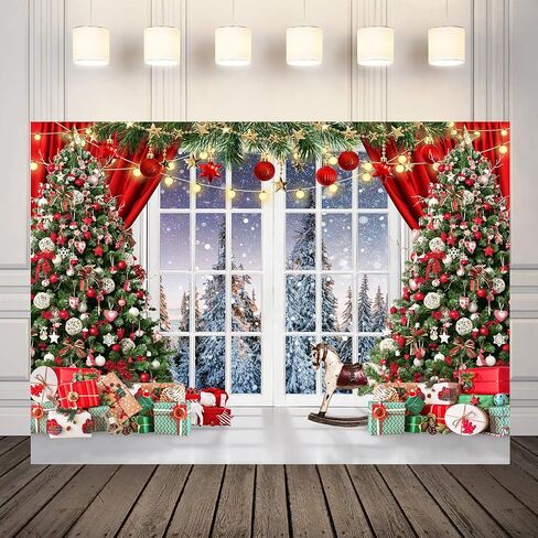 LYCGS 7X5ft Christmas Backdrop Christmas Window Backdrop for Photography Red Merry Christmas Photo Background Winter Xmas Tree Christmas Party Banner X-325 in Saudi Arabia