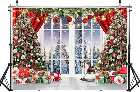 LYCGS 7X5ft Christmas Backdrop Christmas Window Backdrop for Photography Red Merry Christmas Photo Background Winter Xmas Tree Christmas Party Banner X-325 in Saudi Arabia