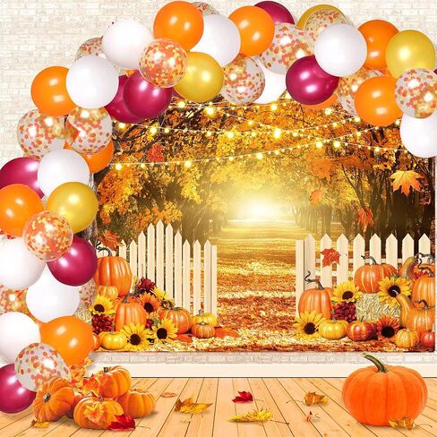 Fall Thanksgiving Party Decoration Kit Fall Photography Backdrop Banner Orange Yellow Burgundy Fall Balloon Garland Arch Set for Autumn Thanksgiving Friendsgiving Pumpkin Baby Shower Party Supplies in Saudi Arabia
