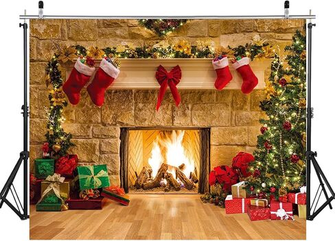 8X8FT Christmas Backdrop Fireplace Backdrop Stockings Photo Backdrop Winter Bedroom Decoration Party Supplies Studio Vinyl Photography Backdrop BY32 in Kuwait