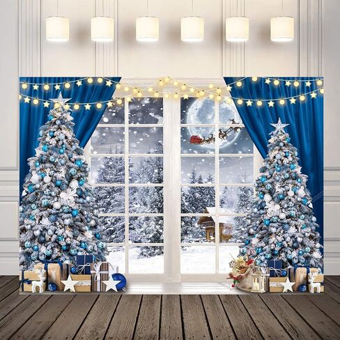 LYCGS 8x6ft Christmas Backdrop Christmas Window Backdrop Blue Christmas Photo Backdrops Xmas Tree Snowflake Photography Background X-327 in Kuwait