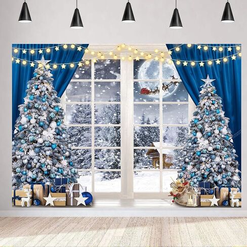 LYCGS 8x6ft Christmas Backdrop Christmas Window Backdrop Blue Christmas Photo Backdrops Xmas Tree Snowflake Photography Background X-327 in Kuwait