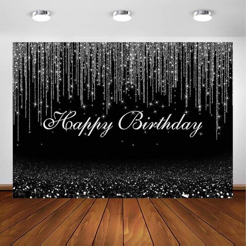 Avezano Glitter Sparkle Dots Happy Birthday Backdrop for Adult Kids Bday Party Photoshoot Photography Background Glitter Bokeh Birthday Party Decoration Photo Booth Backdrops (7x5ft, Black and Silver) in Saudi Arabia