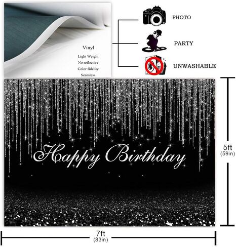 Avezano Glitter Sparkle Dots Happy Birthday Backdrop for Adult Kids Bday Party Photoshoot Photography Background Glitter Bokeh Birthday Party Decoration Photo Booth Backdrops (7x5ft, Black and Silver) in Saudi Arabia
