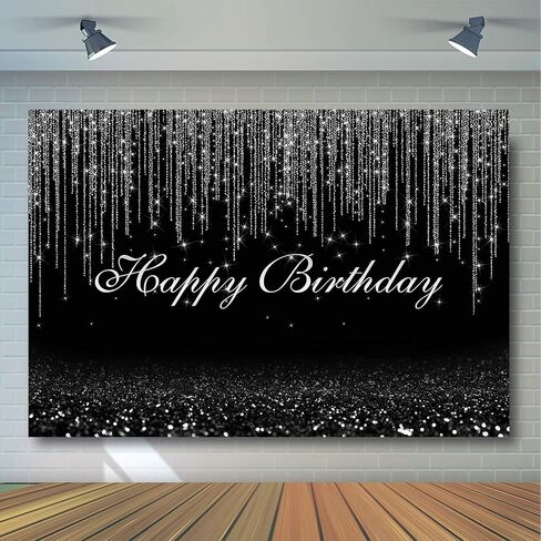 Avezano Glitter Sparkle Dots Happy Birthday Backdrop for Adult Kids Bday Party Photoshoot Photography Background Glitter Bokeh Birthday Party Decoration Photo Booth Backdrops (7x5ft, Black and Silver) in Saudi Arabia