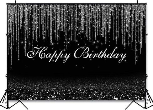 Avezano Glitter Sparkle Dots Happy Birthday Backdrop for Adult Kids Bday Party Photoshoot Photography Background Glitter Bokeh Birthday Party Decoration Photo Booth Backdrops (7x5ft, Black and Silver) in Saudi Arabia
