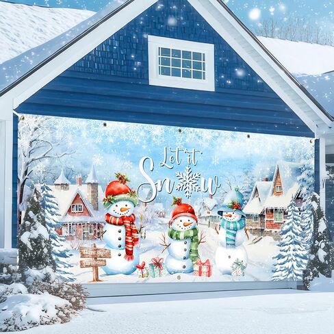 Avezano Merry Christmas Garage Door Banner Dcorations Winter Snowman Backdrop Let It Snow Christmas Garage Door Backdrop Large Christmas Party Decor for Kids Family 157.48x70.86inch, 13x6ft in Saudi Arabia