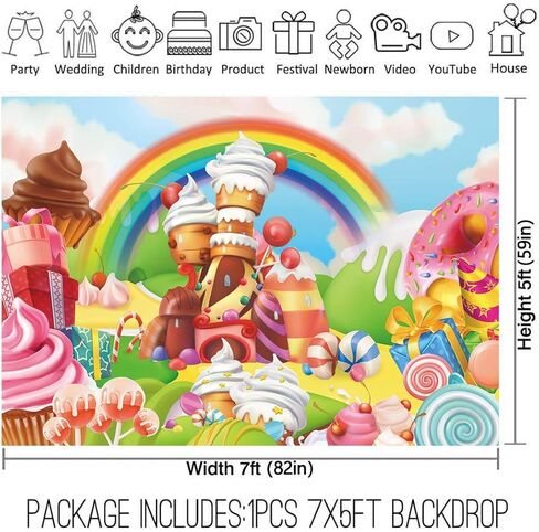 Allenjoy 82 "× 59" خلفية مصاصة Candyland الحلو الكرتون قوس قزح لوازم الحفلات لفتاة الأميرة الأولى عيد ميلاد الديكور التصوير الفوتوغرافي كب كيك الآيس كريم دونات حلوى الصورة كشك خلفية الدعامة in Kuwait