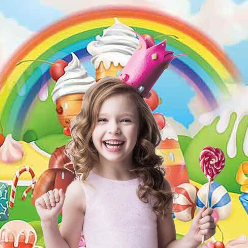 Allenjoy 82 "× 59" خلفية مصاصة Candyland الحلو الكرتون قوس قزح لوازم الحفلات لفتاة الأميرة الأولى عيد ميلاد الديكور التصوير الفوتوغرافي كب كيك الآيس كريم دونات حلوى الصورة كشك خلفية الدعامة in Kuwait
