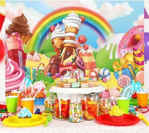 Allenjoy 82 "× 59" خلفية مصاصة Candyland الحلو الكرتون قوس قزح لوازم الحفلات لفتاة الأميرة الأولى عيد ميلاد الديكور التصوير الفوتوغرافي كب كيك الآيس كريم دونات حلوى الصورة كشك خلفية الدعامة in Kuwait