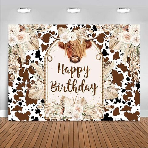 Mocsicka Cows Happy Birthday Backdrop Brown Highland Cattle Pampas Grass Photography Background Boho Farm Cow Birthday Party Decorations Cake Table Photo Booth Props (7x5ft) in Saudi Arabia