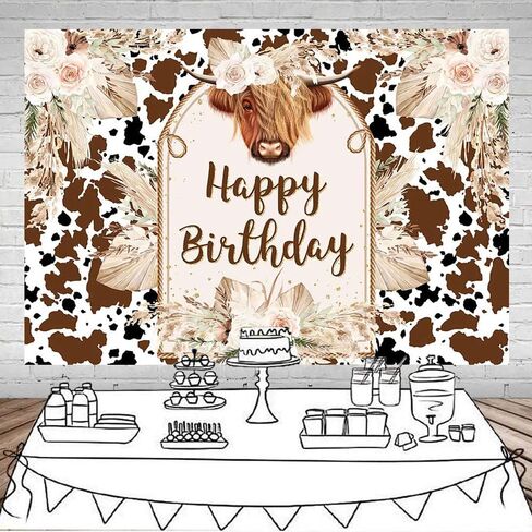 Mocsicka Cows Happy Birthday Backdrop Brown Highland Cattle Pampas Grass Photography Background Boho Farm Cow Birthday Party Decorations Cake Table Photo Booth Props (7x5ft) in Saudi Arabia