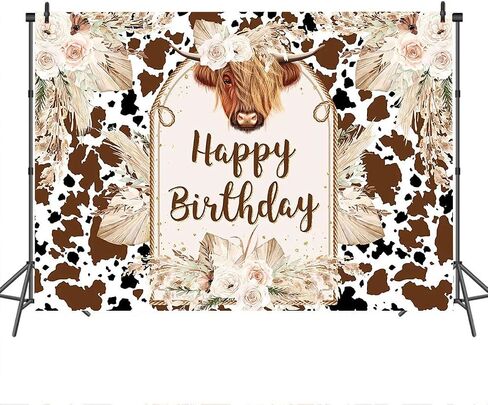 Mocsicka Cows Happy Birthday Backdrop Brown Highland Cattle Pampas Grass Photography Background Boho Farm Cow Birthday Party Decorations Cake Table Photo Booth Props (7x5ft) in Saudi Arabia