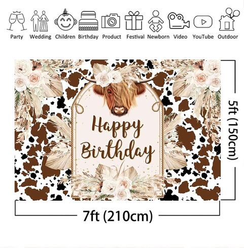 Mocsicka Cows Happy Birthday Backdrop Brown Highland Cattle Pampas Grass Photography Background Boho Farm Cow Birthday Party Decorations Cake Table Photo Booth Props (7x5ft) in Saudi Arabia