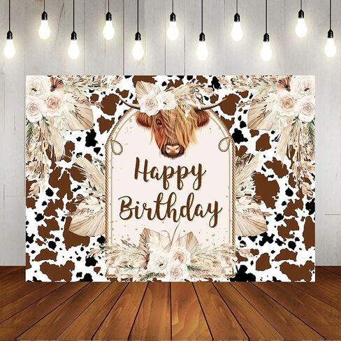 Mocsicka Cows Happy Birthday Backdrop Brown Highland Cattle Pampas Grass Photography Background Boho Farm Cow Birthday Party Decorations Cake Table Photo Booth Props (7x5ft) in Saudi Arabia