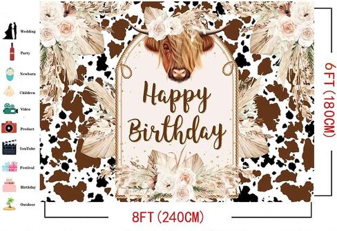 Mocsicka Cows Happy Birthday Backdrop Brown Highland Cattle Pampas Grass Photography Background Boho Farm Cow Birthday Party Decorations Cake Table Photo Booth Props (7x5ft) in Saudi Arabia