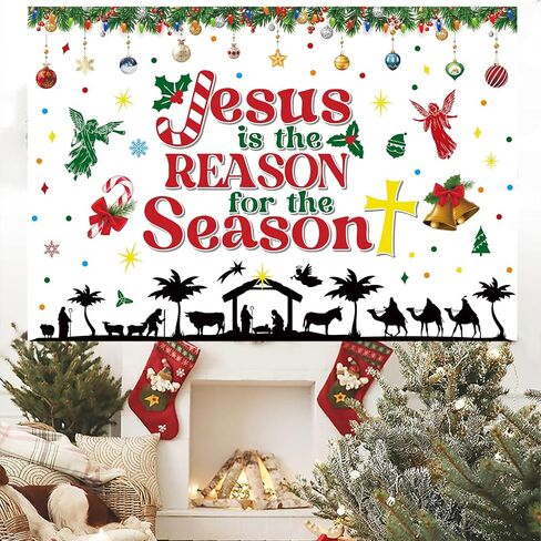 Christmas Nativity Backdrop Jesus is The Reason for The Season Banner Christmas Religious Backdrop Xmas Photography Background Christmas Studio Props Banner for Religion Party Outdoor Decors 5x3ft in Saudi Arabia