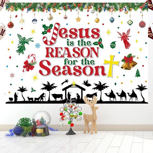 Christmas Nativity Backdrop Jesus is The Reason for The Season Banner Christmas Religious Backdrop Xmas Photography Background Christmas Studio Props Banner for Religion Party Outdoor Decors 5x3ft in Saudi Arabia