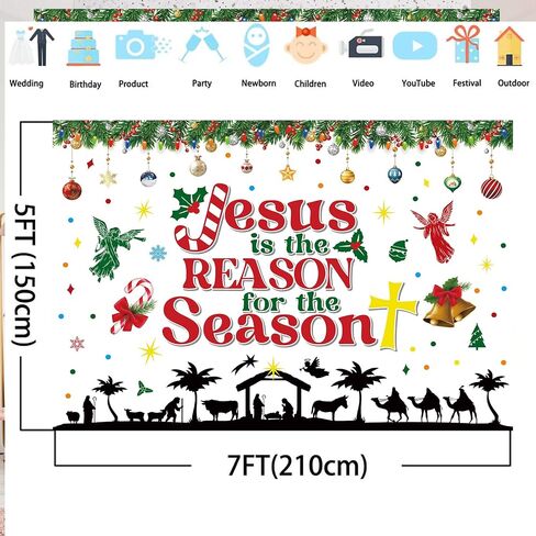 Christmas Nativity Backdrop Jesus is The Reason for The Season Banner Christmas Religious Backdrop Xmas Photography Background Christmas Studio Props Banner for Religion Party Outdoor Decors 5x3ft in Saudi Arabia