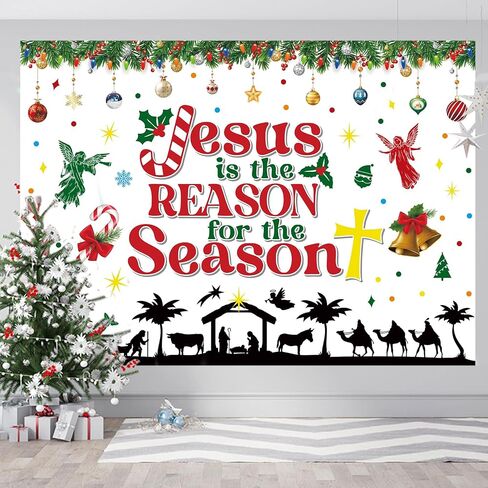 Christmas Nativity Backdrop Jesus is The Reason for The Season Banner Christmas Religious Backdrop Xmas Photography Background Christmas Studio Props Banner for Religion Party Outdoor Decors 5x3ft in Saudi Arabia