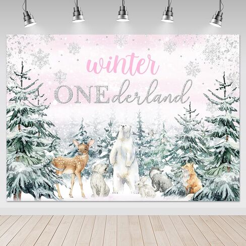 Mocsicka Winter Onederland Backdrop Pink Snowflake Girls First Birthday Photography Background Winter Woodland Animals Happy 1st Birthday Party Banner Decorations Photo Booth Props (7x5ft) in Saudi Arabia