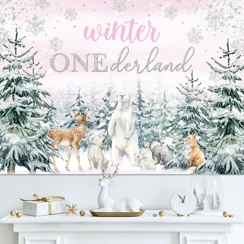 Mocsicka Winter Onederland Backdrop Pink Snowflake Girls First Birthday Photography Background Winter Woodland Animals Happy 1st Birthday Party Banner Decorations Photo Booth Props (7x5ft) in Saudi Arabia