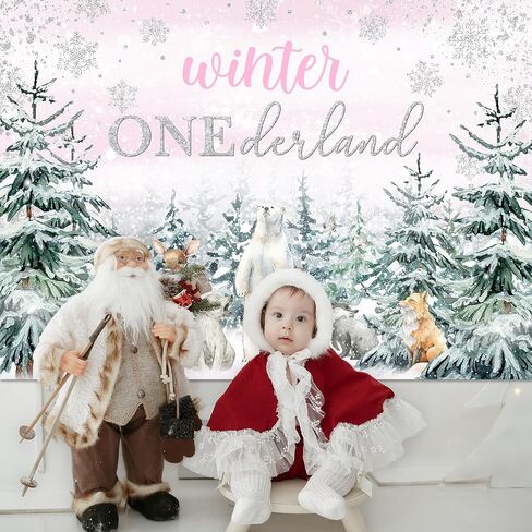 Mocsicka Winter Onederland Backdrop Pink Snowflake Girls First Birthday Photography Background Winter Woodland Animals Happy 1st Birthday Party Banner Decorations Photo Booth Props (7x5ft) in Saudi Arabia