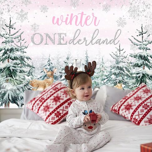 Mocsicka Winter Onederland Backdrop Pink Snowflake Girls First Birthday Photography Background Winter Woodland Animals Happy 1st Birthday Party Banner Decorations Photo Booth Props (7x5ft) in Saudi Arabia