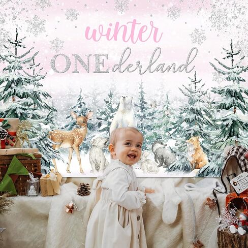 Mocsicka Winter Onederland Backdrop Pink Snowflake Girls First Birthday Photography Background Winter Woodland Animals Happy 1st Birthday Party Banner Decorations Photo Booth Props (7x5ft) in Saudi Arabia