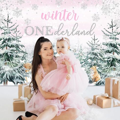 Mocsicka Winter Onederland Backdrop Pink Snowflake Girls First Birthday Photography Background Winter Woodland Animals Happy 1st Birthday Party Banner Decorations Photo Booth Props (7x5ft) in Saudi Arabia