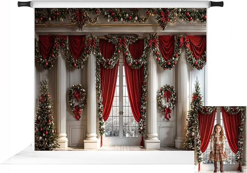 Kate Christmas Door Photo Backdrop Winter Christmas Trees Red Curtain Background Framed Window White Retro Wall Photo Background Studio Props,10x8ft in Saudi Arabia