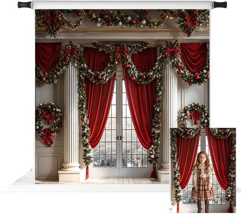 Kate Christmas Door Photo Backdrop Winter Christmas Trees Red Curtain Background Framed Window White Retro Wall Photo Background Studio Props,10x8ft in Saudi Arabia