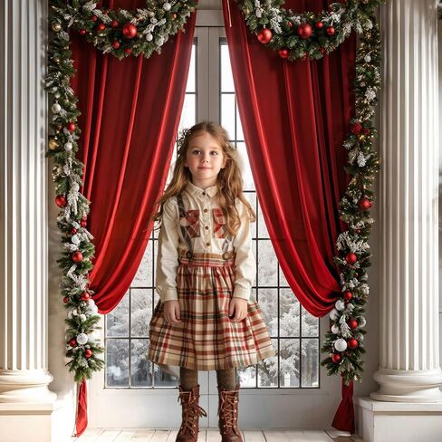 Kate Christmas Door Photo Backdrop Winter Christmas Trees Red Curtain Background Framed Window White Retro Wall Photo Background Studio Props,10x8ft in Saudi Arabia