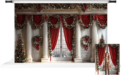 Kate Christmas Door Photo Backdrop Winter Christmas Trees Red Curtain Background Framed Window White Retro Wall Photo Background Studio Props,10x8ft in Saudi Arabia