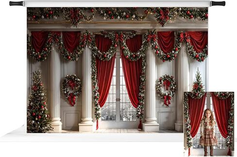 Kate Christmas Door Photo Backdrop Winter Christmas Trees Red Curtain Background Framed Window White Retro Wall Photo Background Studio Props,10x8ft in Saudi Arabia
