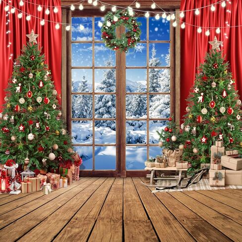 SJOLOON Christmas Backdrop Wood Floor Christmas Tree Backdrop Windows Snow Backdrop for Christmas Party Decoration Studio Props 12589 (10x10FT) in Kuwait