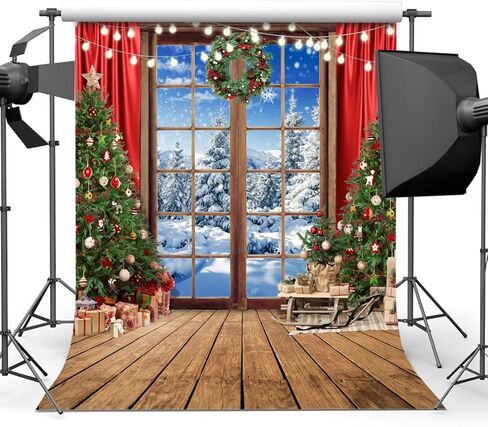 SJOLOON Christmas Backdrop Wood Floor Christmas Tree Backdrop Windows Snow Backdrop for Christmas Party Decoration Studio Props 12589 (10x10FT) in Kuwait