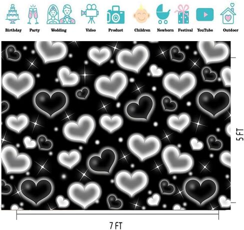 CYLYH 7x5FT Black Heart Photo Backdrop 90s Backdrops for Photoshoot Valentine's Day Backdrop Women Men Happy Birthday Photography Background Banner D853 in Saudi Arabia