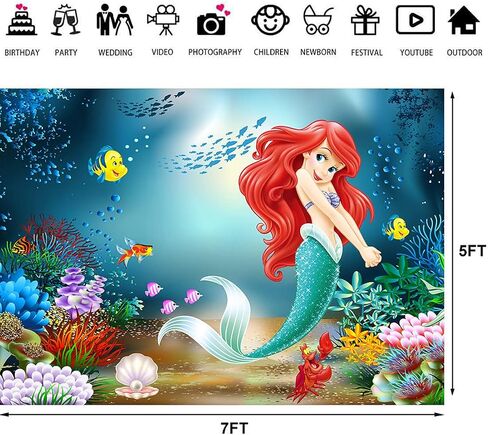 7X5FT Little Mermaid Photography Backdrop Under The Sea Girls Birthday Background Ariel Mermaid Princess Supplies Kids Portrait Photo Booth Studio Prop in Saudi Arabia