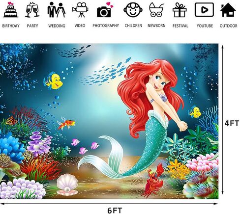 7X5FT Little Mermaid Photography Backdrop Under The Sea Girls Birthday Background Ariel Mermaid Princess Supplies Kids Portrait Photo Booth Studio Prop in Saudi Arabia
