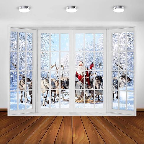Avezano Christmas Window Photography Backdrop Winter Window Santa Claus Elk Snow Backdrops Winter Wonderland Family Kids Xmas Holiday Decor Background Photo Studio Props (7x5ft) in Saudi Arabia