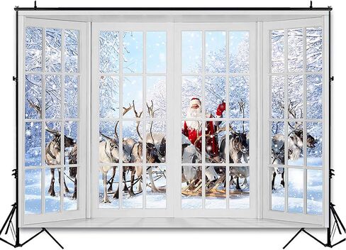 Avezano Christmas Window Photography Backdrop Winter Window Santa Claus Elk Snow Backdrops Winter Wonderland Family Kids Xmas Holiday Decor Background Photo Studio Props (7x5ft) in Saudi Arabia